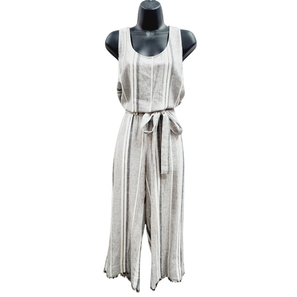 Anthropologie Cloth & Stone Striped Linen Blend Wide Leg Jumpsuit Grey Small